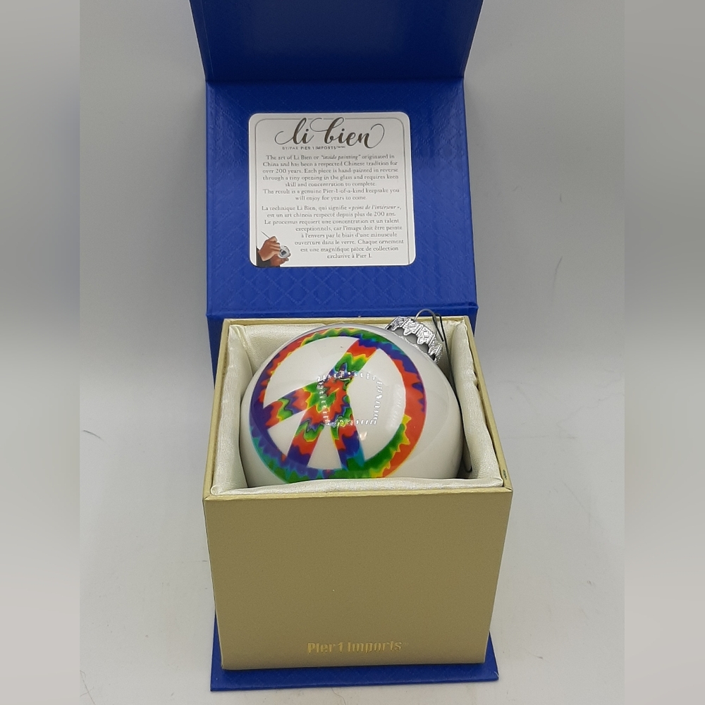Bronner's Hungary Tied Dyed Groovy Peace Symbol Glass Christmas Ornament Boxed